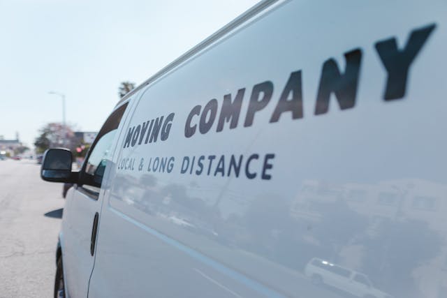 Close-up of a white moving van
